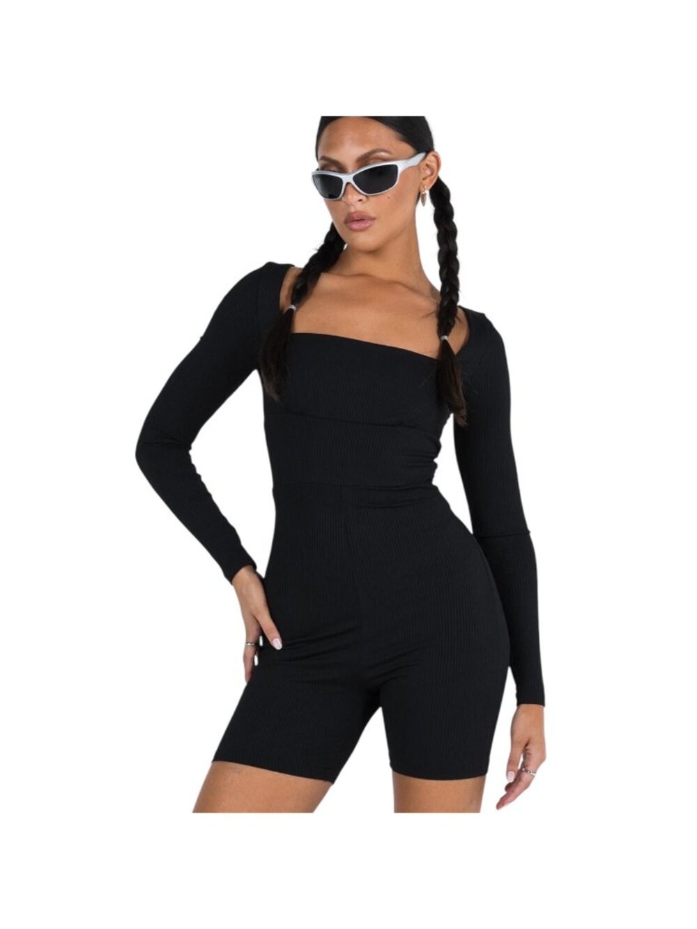 Princess Polly Women's Black Ribbed Sara Playsuit Romper, Square Neck US 18